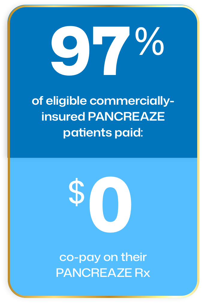 97% of eligible commercially insured PANCREAZE patients paid: $0 co-pay on their PANCREAZE Rx